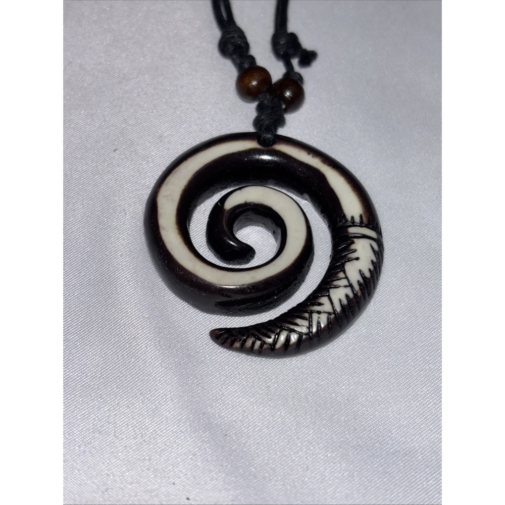 Tribal Spiral Pendant Necklace Horn Carved Boho Adjustable Cord
